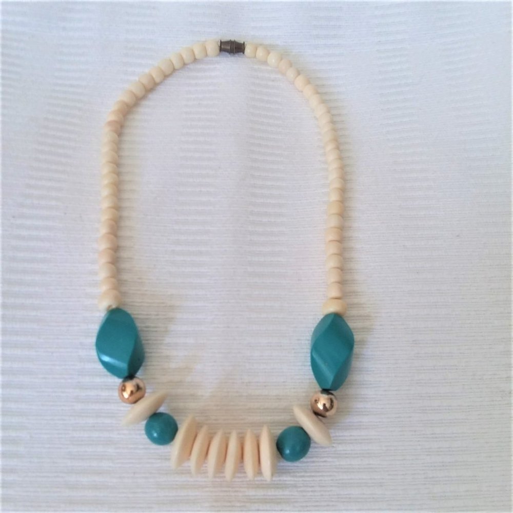 Necklace Vintage Trendy Bead Wooden Chunky 80's Casual Costume Retro Turquoise
